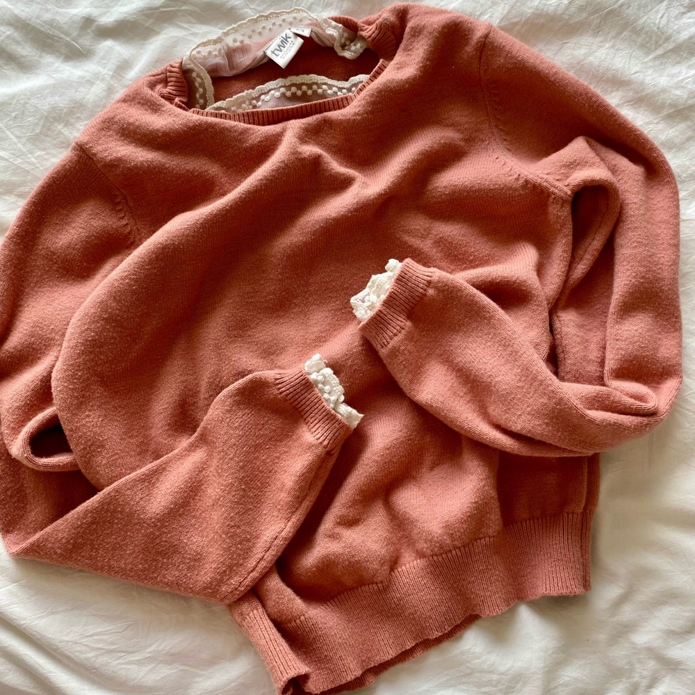Dusty Rose Sweater with Lace Collar and Cuff Detail